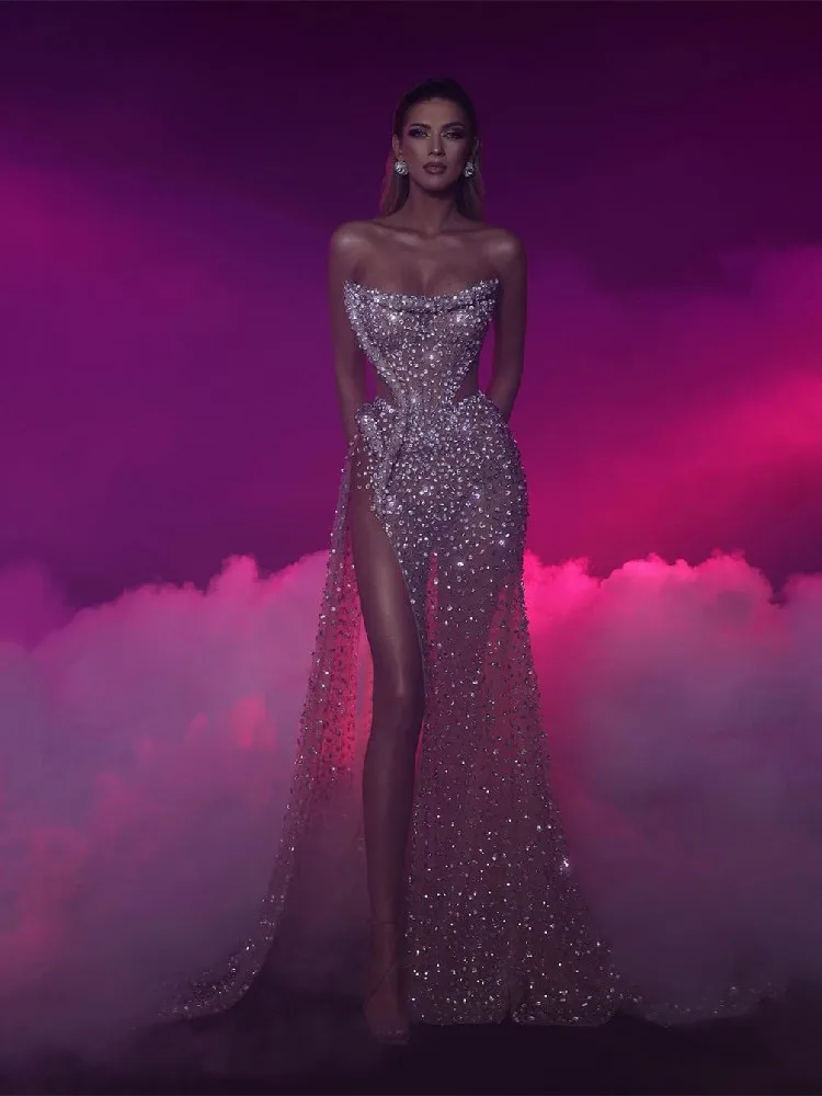 

Сексуальные вечерние платья с юбкой-годе без рукавов, вышитые блестками и бисером, Аппликации со стразами, кружевные, с Боковым Разрезом, стандартное изготовление