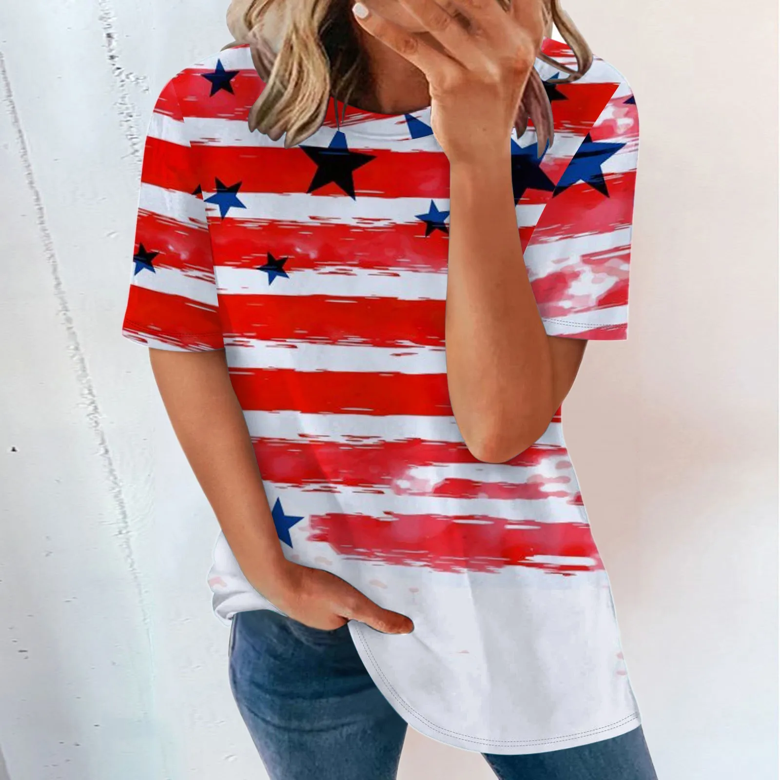 

Shirts For Women Short Sleeve USA Flag Print Casual Tee Shirts Summer Casaul O Neck Tee Tops Black Short