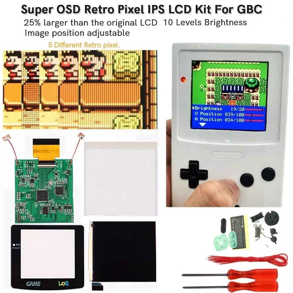 

Super OSD Version RETRO PIXEL IPS LCD SCREEN KIT Backlight Brightness For GameBoy Color For GBC IPS LCD Kit