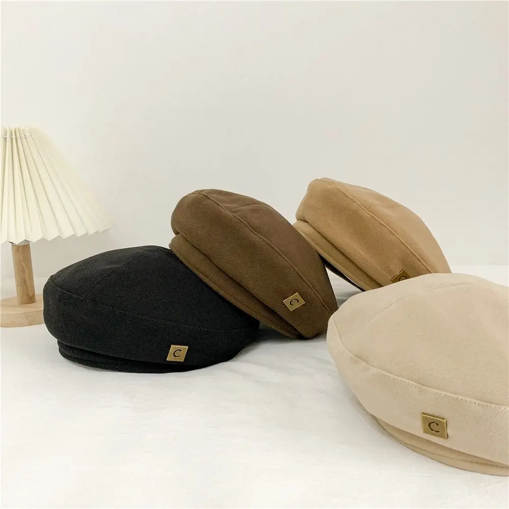 

Korean Style Autumn Metal Elegant Solid Beret Hat Painter Hat Berets Caps Woolen