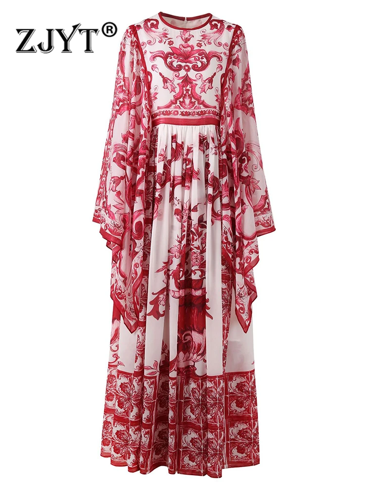 

ZJYT Autumn Runway Batwing Sleeve Print Floor Length Dress 2023 Women Bohemian Vintage Chiffon Holiday Vestidos Long Party Robes