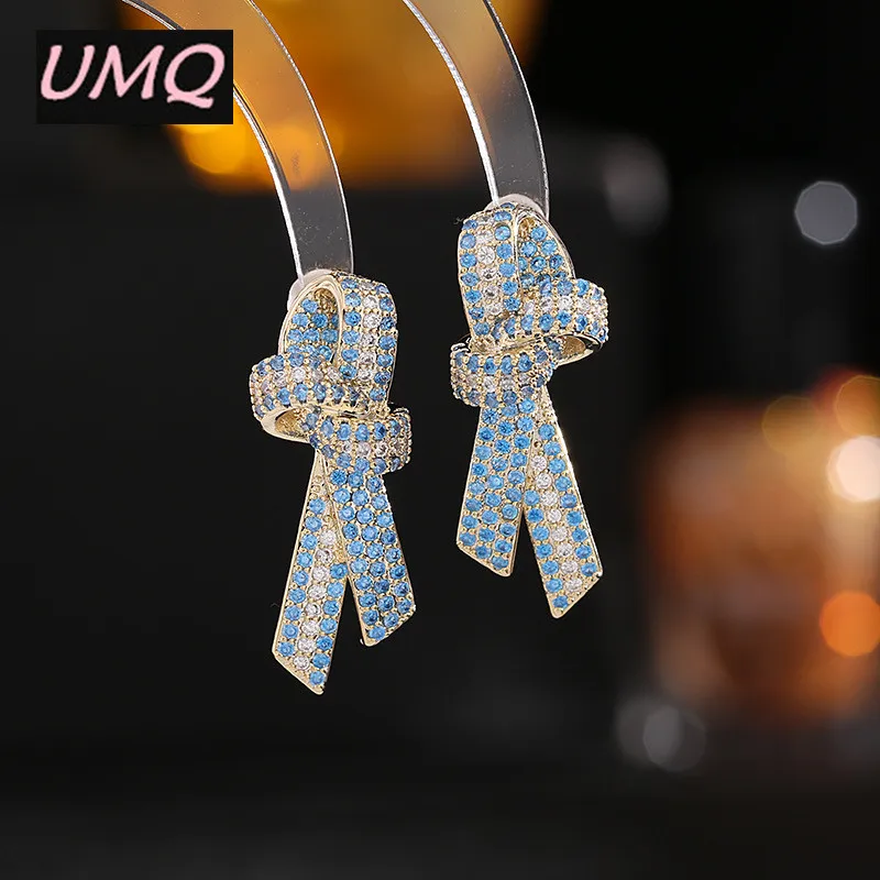 

UMQ Luxury Gold Bowknot Stud Earrings for Teen Women White Blue Zirconia Hypoallergenic 925 Silver Post Friend Party Gift Box