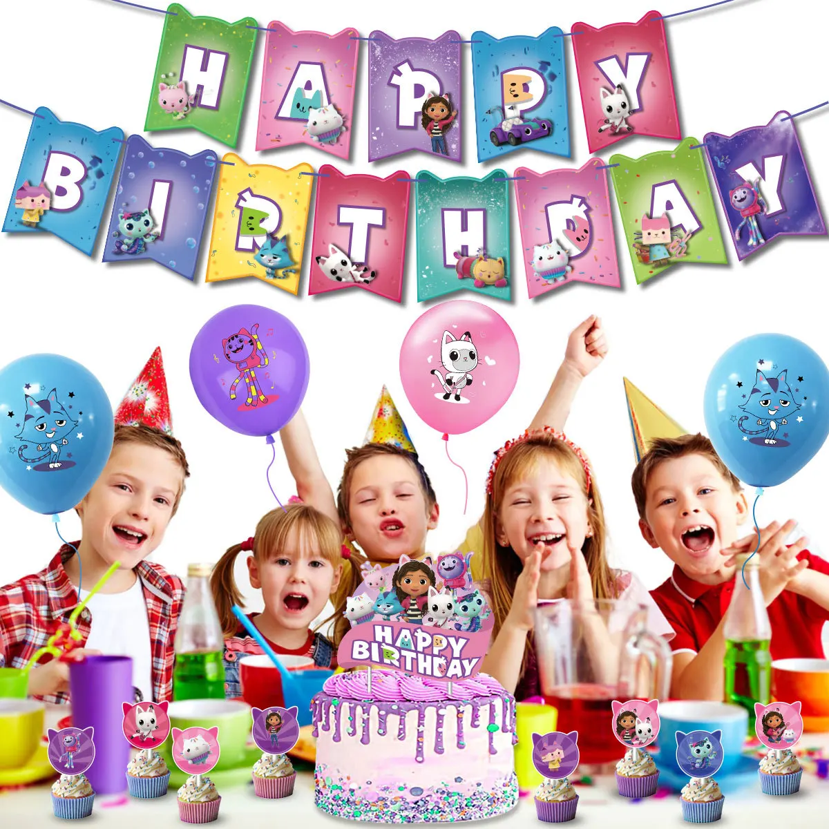 

Gabby's Dollhouse Birthday Party Supplies Girls Cats Happy Birthday Banner Latex Balloon Decoration Cake Topper Kids Figure Toys
