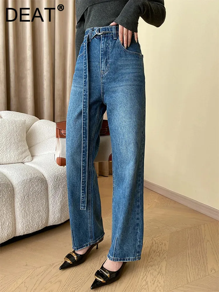 

Женские джинсовые брюки на молнии DEAT, хлопковые Широкие штаны с поясом и высокой талией, с бахромой и карманами, новинка зимнего сезона 2023