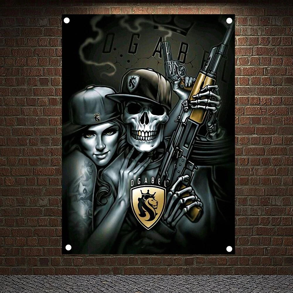 

Skeleton Couple Gunner Banners Canvas Painting Skull Art Posters Flags Flip Chart Tapestry Mural Hanging Cloth Home Decoration