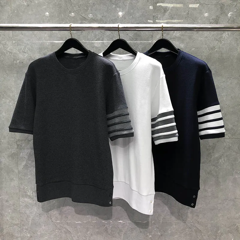 

2022 TB Thom Men's Shirt Luxury brand Classic 4-Bar Striped 100% Cotton Tee Business Loose Unisex Summer Short Sleeve T-Shirt