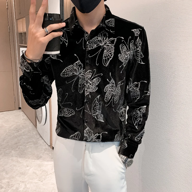 2022 Brand Clothing Men's spring High Quality Casual Long Sleeve Shirts/Male Slim Fit Butterfly print Cloth with soft nap Shirts