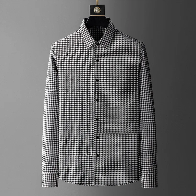 Light Luxury-grade Non-iron Anti-wrinkle Houndstooth Business Shirt Autumn Winter Men's Long-sleeve Korean Style Slim Shirts