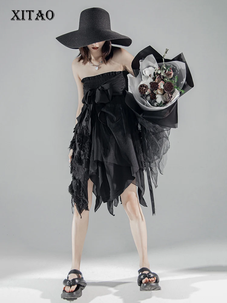 

XITAO Irregular Mesh Lace Skirt Fashion Black Tassel Bow Splicing Folds Strapless Two Wear Skirt Summer New Women WMD6572