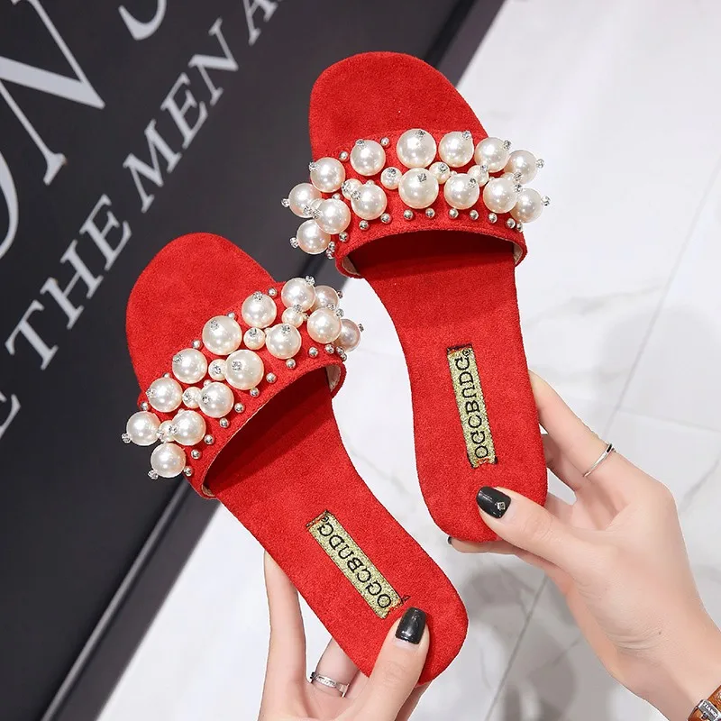 

2022 New Luxurious Big Pearl Design Slip on Outside Shallow Shoes Woman Slippers Concise Summer Slippers Beach Women Flip Flop