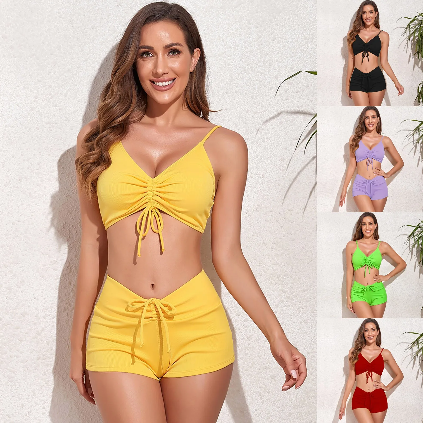 

Shorts Swimsuit Women's Split Swimsuit Solid Color Bikini Set Sexy High Waist Beach Bikini Long Board Shorts for Women plus Size