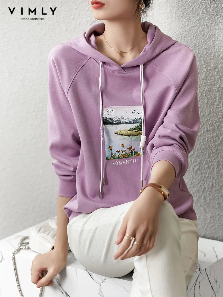 

Vimly Pullover Hoodie Women Cotton Long Sleeve Tops New in Elegant Landscape Print Female Hooded Sweatshirts Clothing V5032