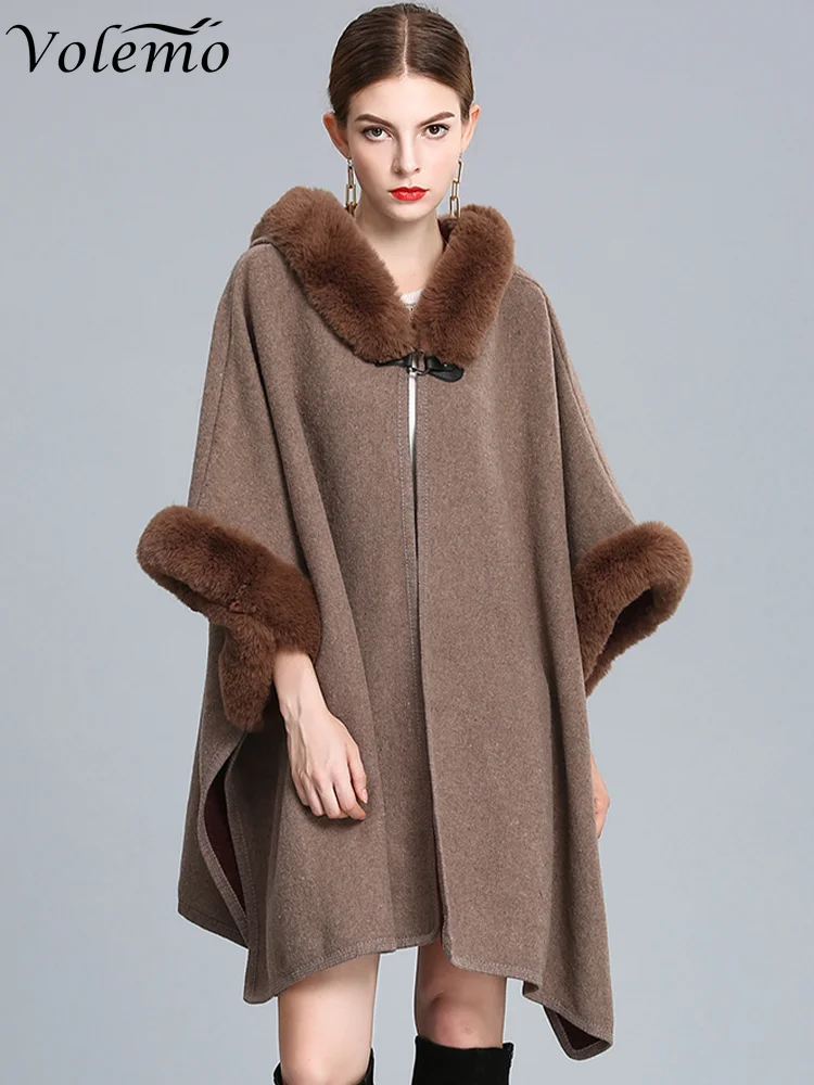 

Hooded Shawl Women Winter Fur Collar Loose Warm Thick Long Rabbit Fur Ponchos And Capes Ladies Cardigan Batwing Cape Coat