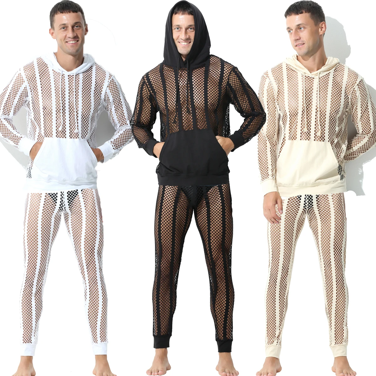 

Men Undershirts Long Sleeve Hooded Sweatshirt Mesh Underwear Sexy See Through Pajama Pants Long John Legging Sleepwear Nightwear
