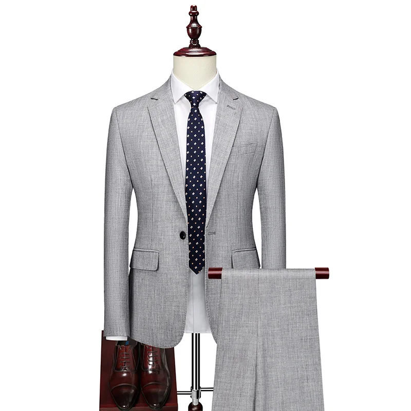 

High Quality (Blazer + Trousers) Men's British Style Elegant Fashion Business Casual High-end Simple Slim Formal Two-piece Suit