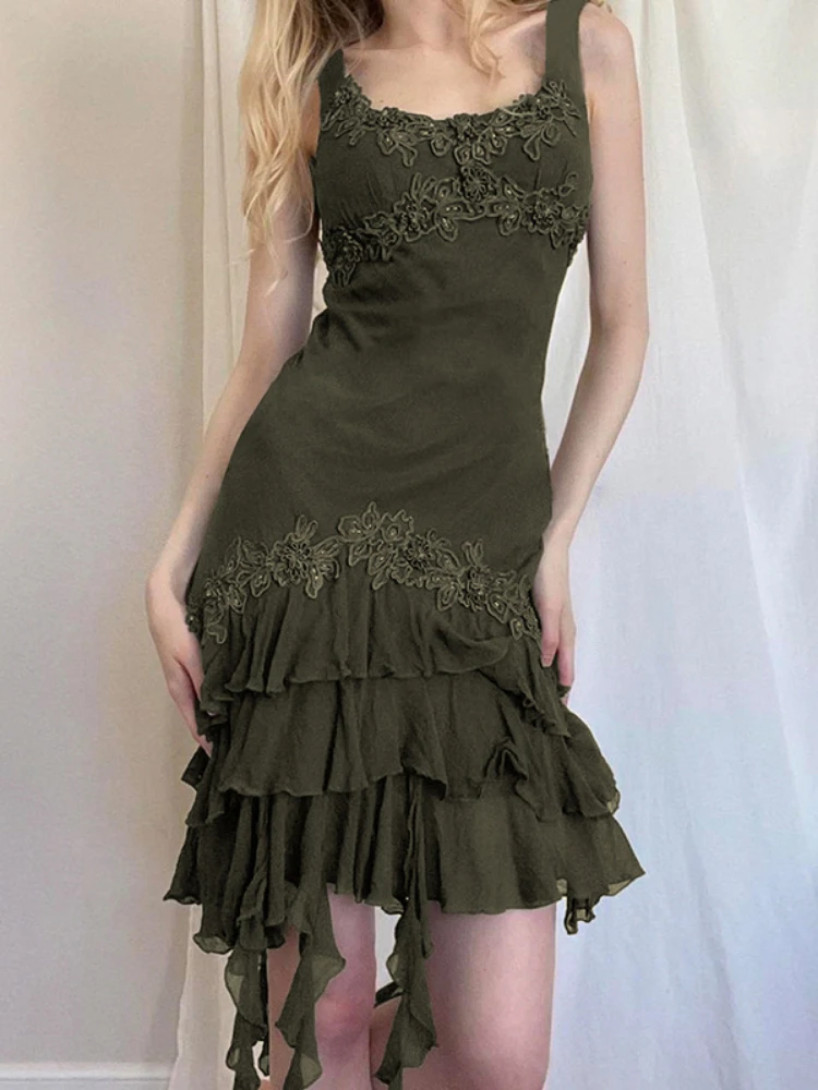 

Green Vintage Ruffles Dresses Irregular Lace Patchwork y2k Aesthetic Holiday Party Mini Dress Sexy Women Fairycore