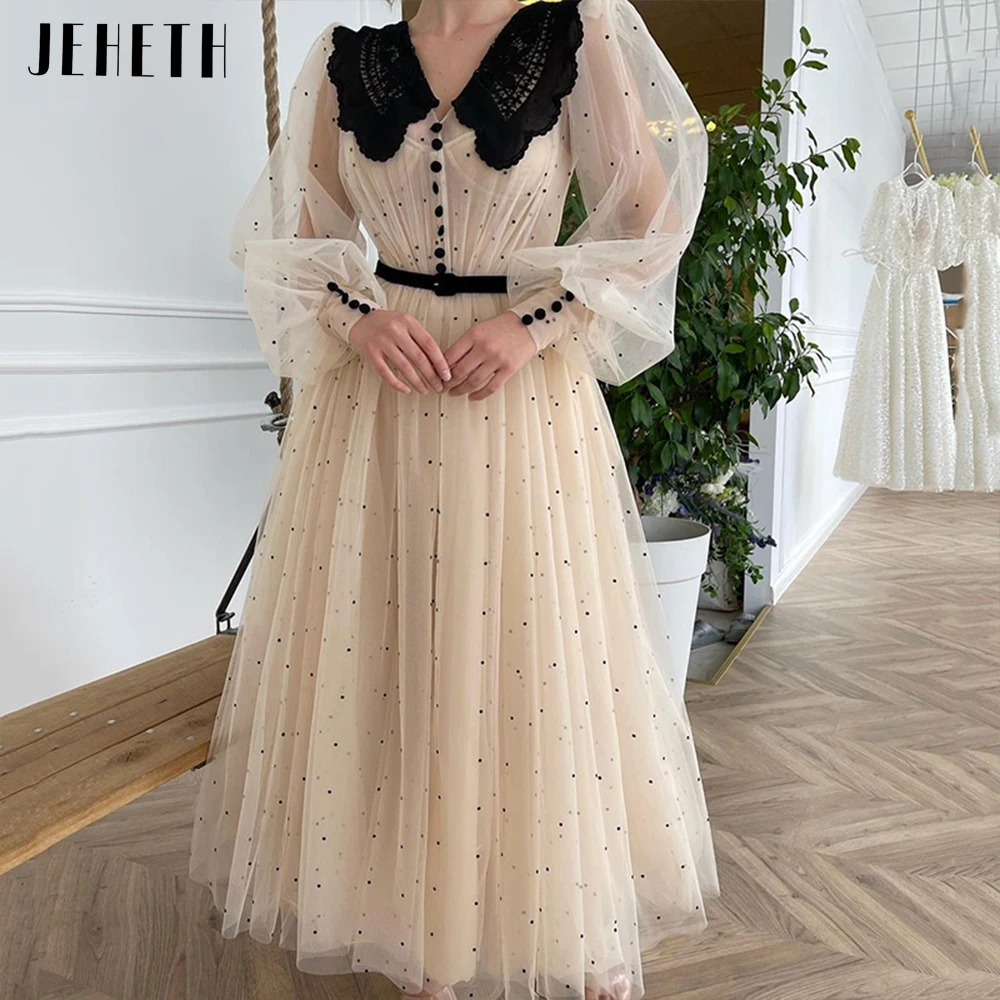 

JEHETH Champagne Puff Sleeves Dot Tulle Pastoral Prom Dress Elegant V-Neck A-Line Tea Length Evening Party Gown Robes De Soirée