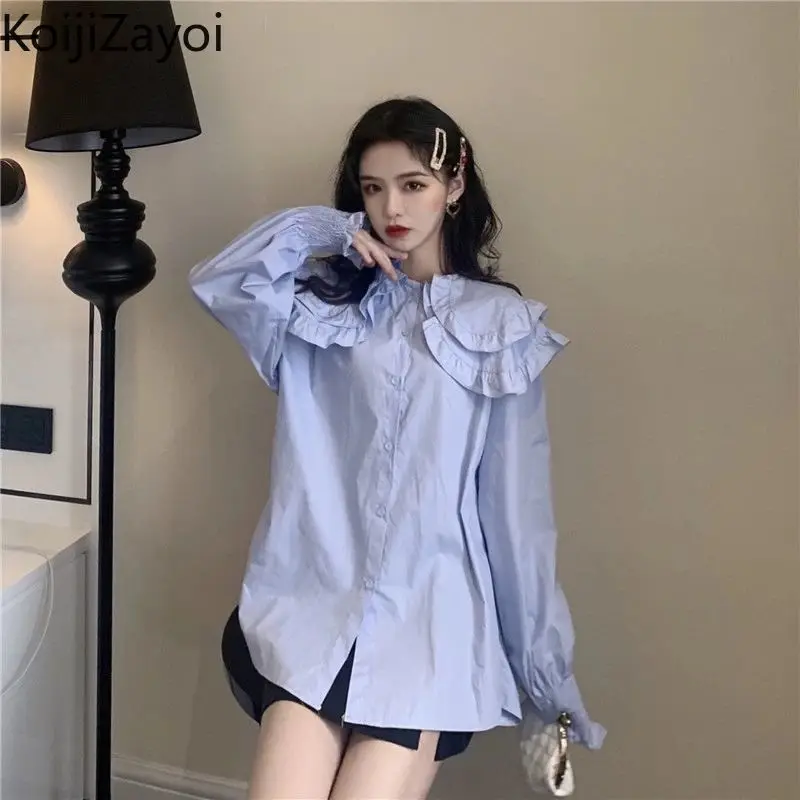 

Koijizayoi Korean New Fashion Ruffles Peter pan Collar Shirt 2022 Elegant Women Long Sleeve Blouses All-match Korean Solid Tops