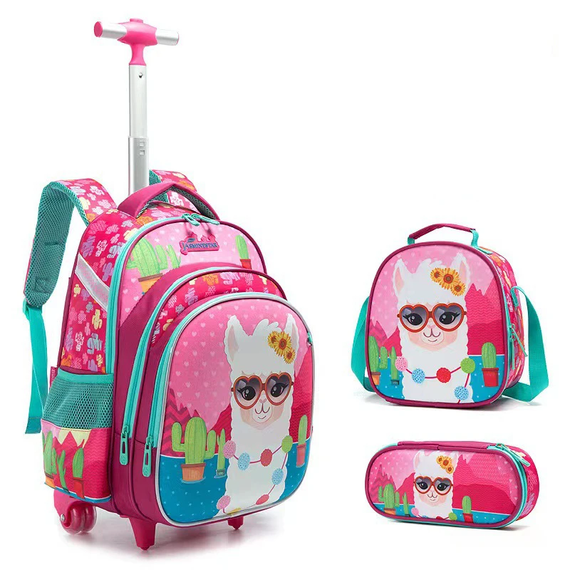 Children 3pcs Boys Schoolbag Set With Wheels Trolley Bag With Lunch Bag Rolling School Backpack Set Wheeled Backpack For Girls