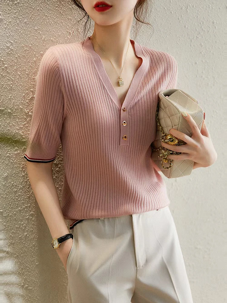 

Pink White V Neck Slim T Shirt Women Korean Woman Clothing Short Sleeve Tees Knitted Ladies Tops 2022 Summer Thin Casual Tshirts