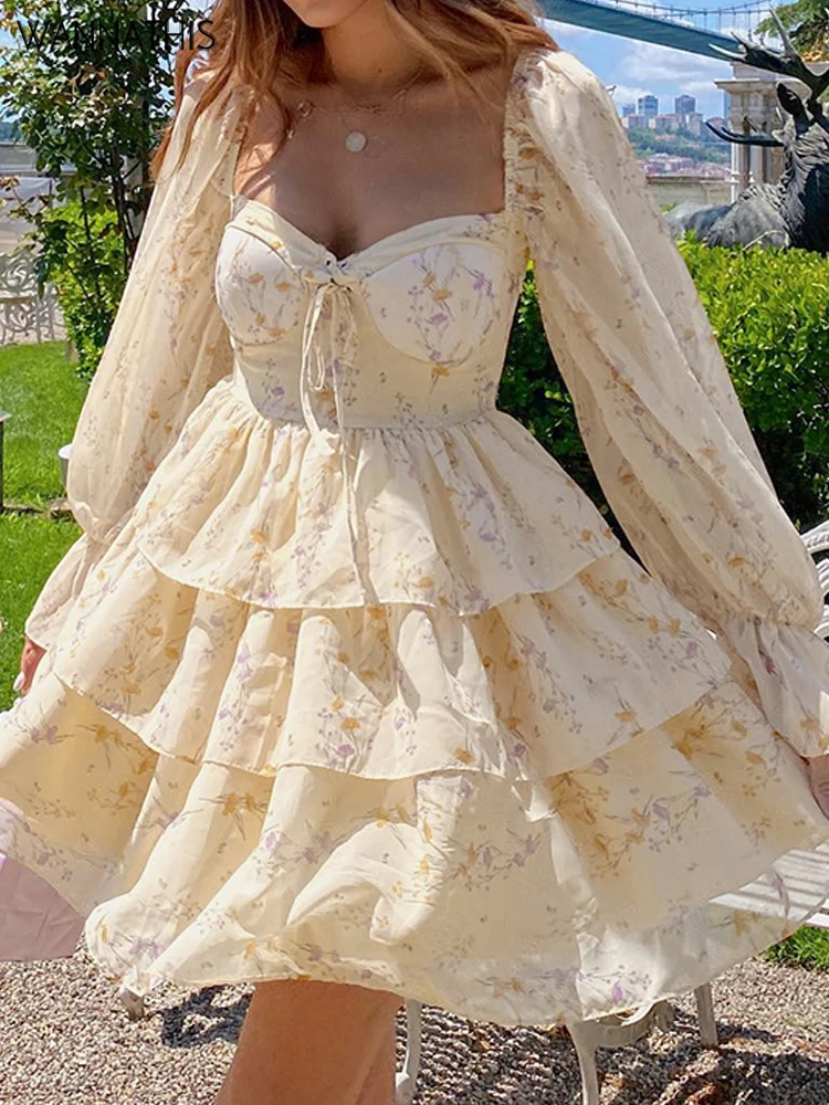 

WannaThis Floral Y2K Mini Dress Corset Square Collar Women Ruffle Sexy Puff Sleeve Autumn 2022 Aesthetic Chic Party Vestidos New