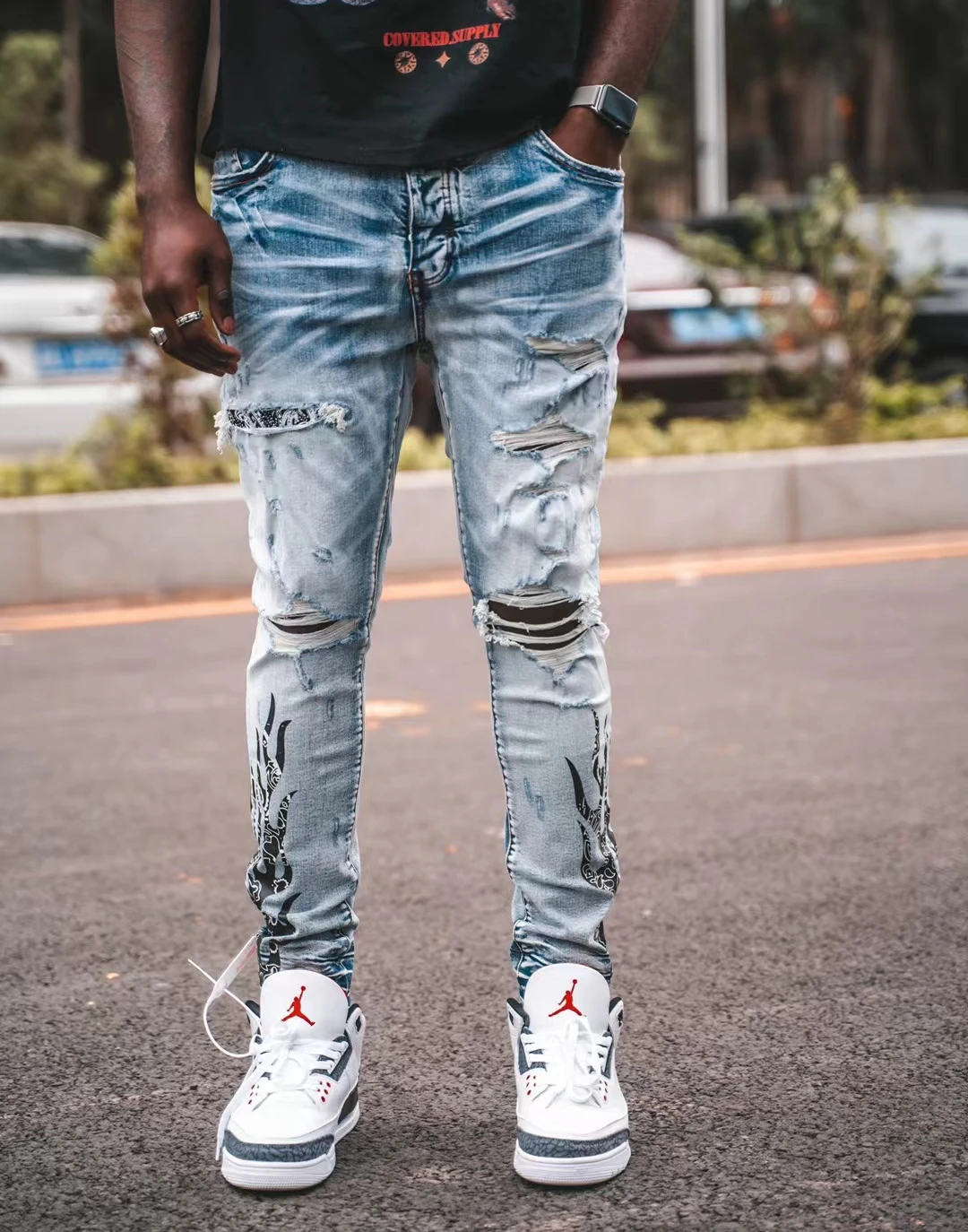 

New Fashion AM Men's Ripped Jeans Blue Flame Personality Print Slim Pants Holes Patched Men's Jeans High Street Jeans For Men