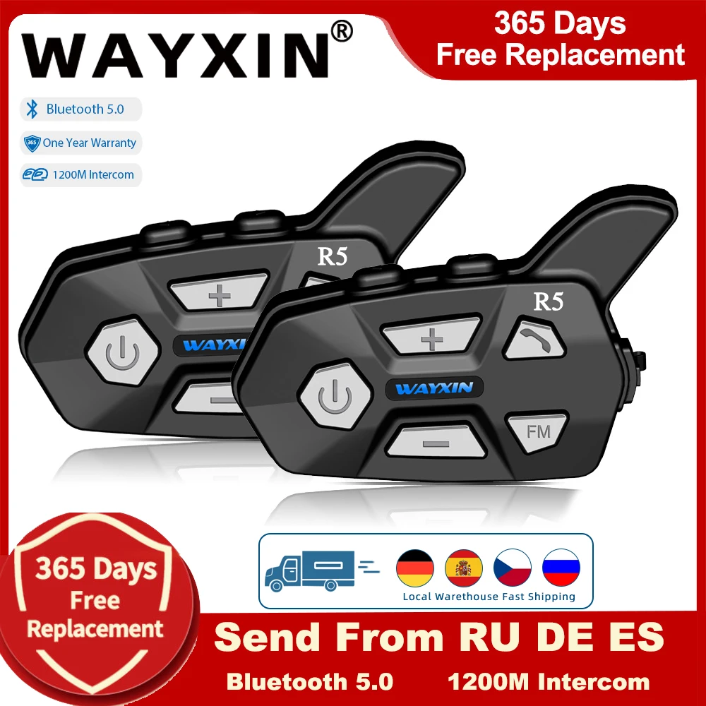 WAYXIN R5 Helmet Headset Motorcycle Intercom  2 People 1200M Ride Interphone Universal Pairing Waterproof  FM Bluetooth 5.0 DSP