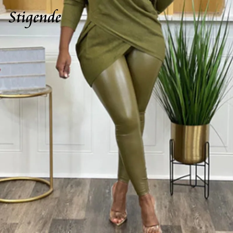 

Женские Эластичные Стрейчевые брюки-карандаш из искусственной кожи с завышенной талией и молнией сзади