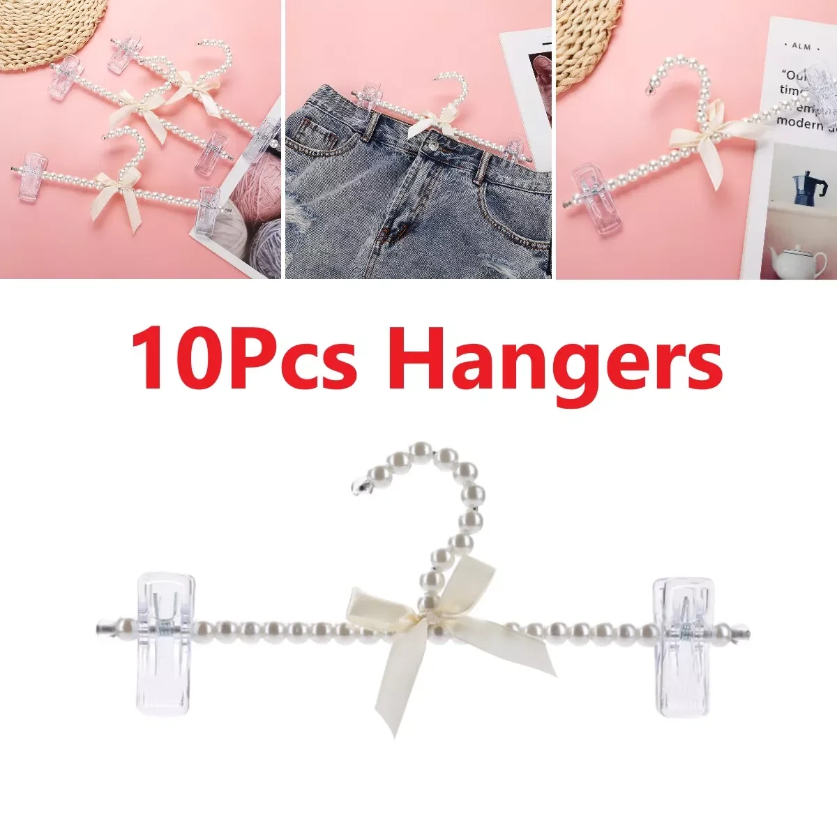 

10Pc Imitation Pearl Trouser Hangers Clothes Organize Storage Dry Rack Elegant Closet wieszak perchas Pearl Bow Pant Hanger 30cm