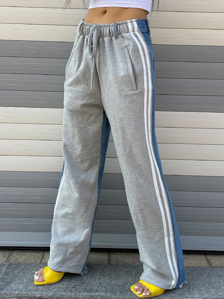 

2023 Korean Style Fashionable All-Match Simple Summer Contrast Color Waist Head High Grade Gray Elastic Waist Drawstring Jeans