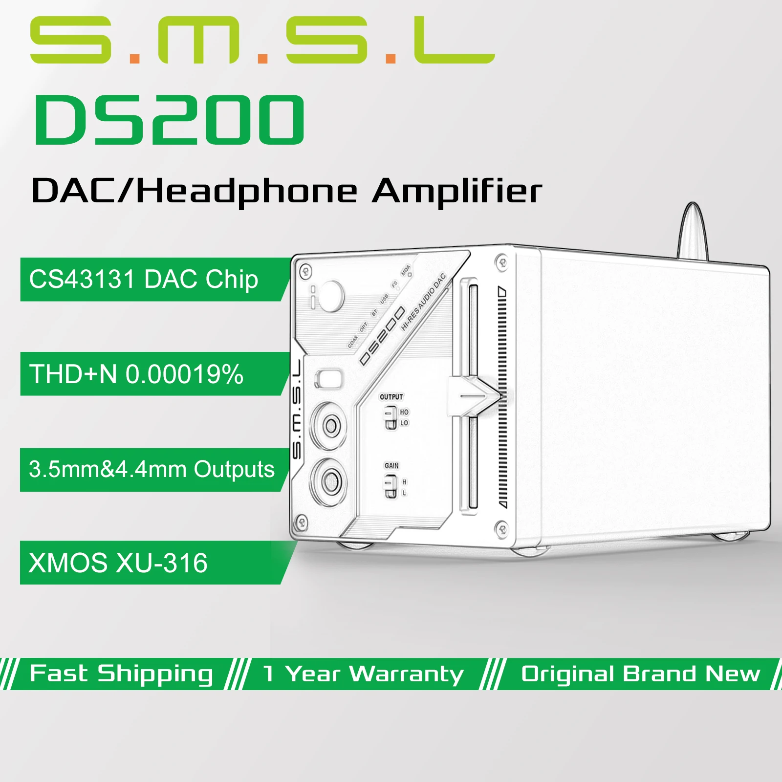 Фото SMSL DS200 Hi-Res Audio Decoder с чипом CS43131x2 DAC, XU316, MQA, USB, оптическим, коаксиальным и Bluetooth входами, а также входами 3.5 мм и 4.4 мм, усилитель для наушников №1