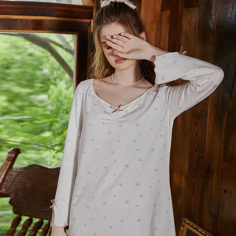 Длинная Ночная рубашка с принтом винтажная свободная хлопковая ночная одежда