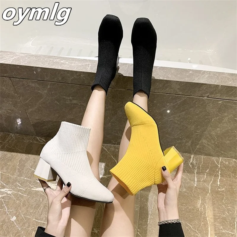 

Boots women's 2022 new women's boots autumn square toe sleeve short boots women's thick-heeled mid-heel flying knitted boots