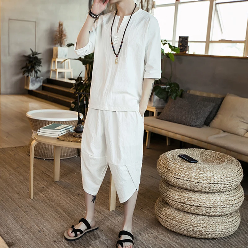 New men's thin linen suit summer Chinese loose large cotton and linen 2 pieces / suit short sleeve trousers 2 pieces set men