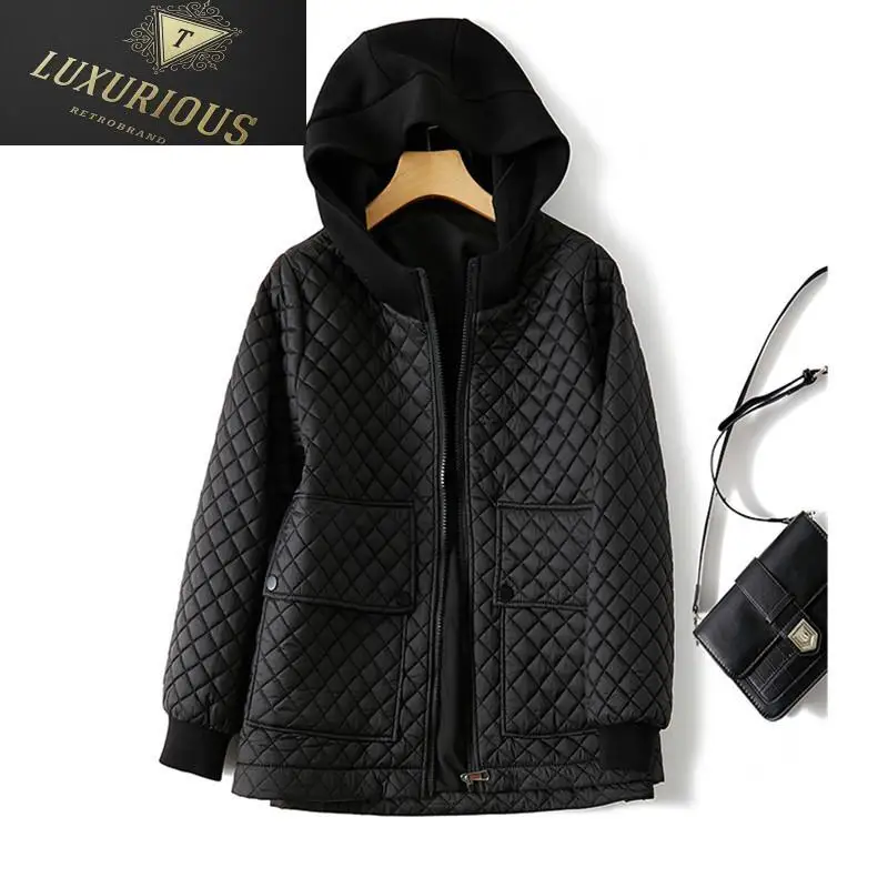 

Зимнее пальто для женщин, тонкая стеганая верхняя одежда, новинка 2024, повседневные хлопковые парки с большими карманами и капюшоном в клетку с бриллиантами, одежда