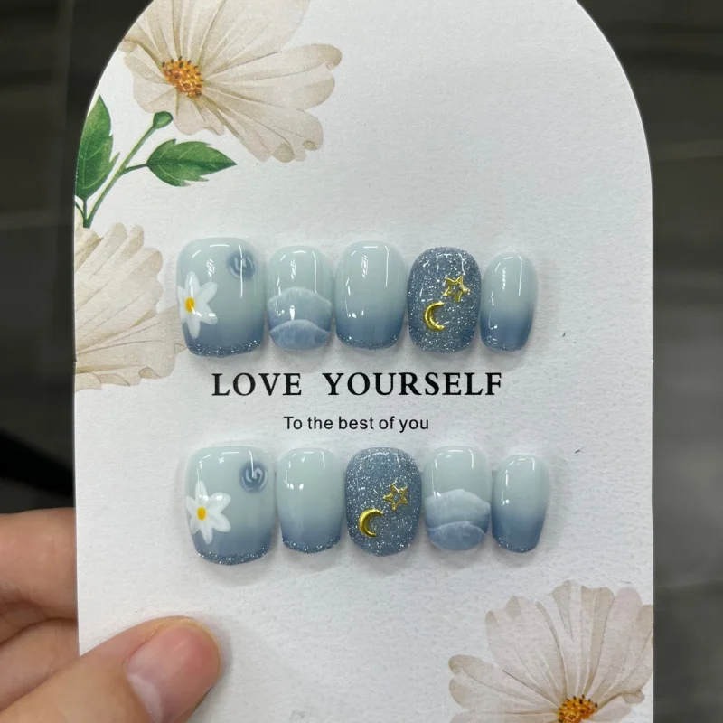 Nailover Броня ручной работы короткая балетка Океан Синий Градиент Ручная роспись