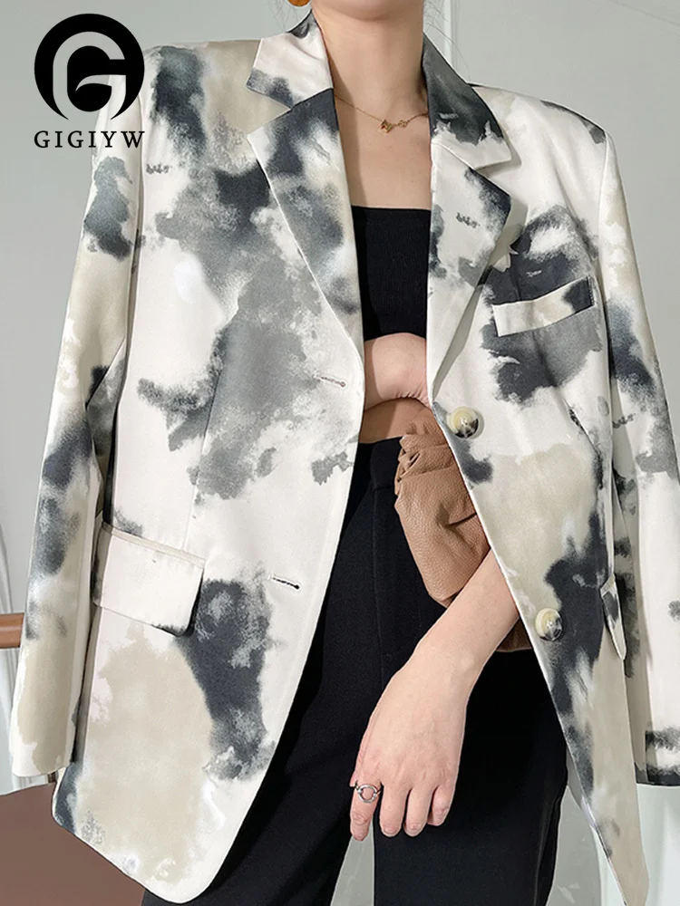 

Женский блейзер с длинным рукавом GIGIYW, свободный пиджак большого размера с принтом и отложным воротником, весна-осень 2023