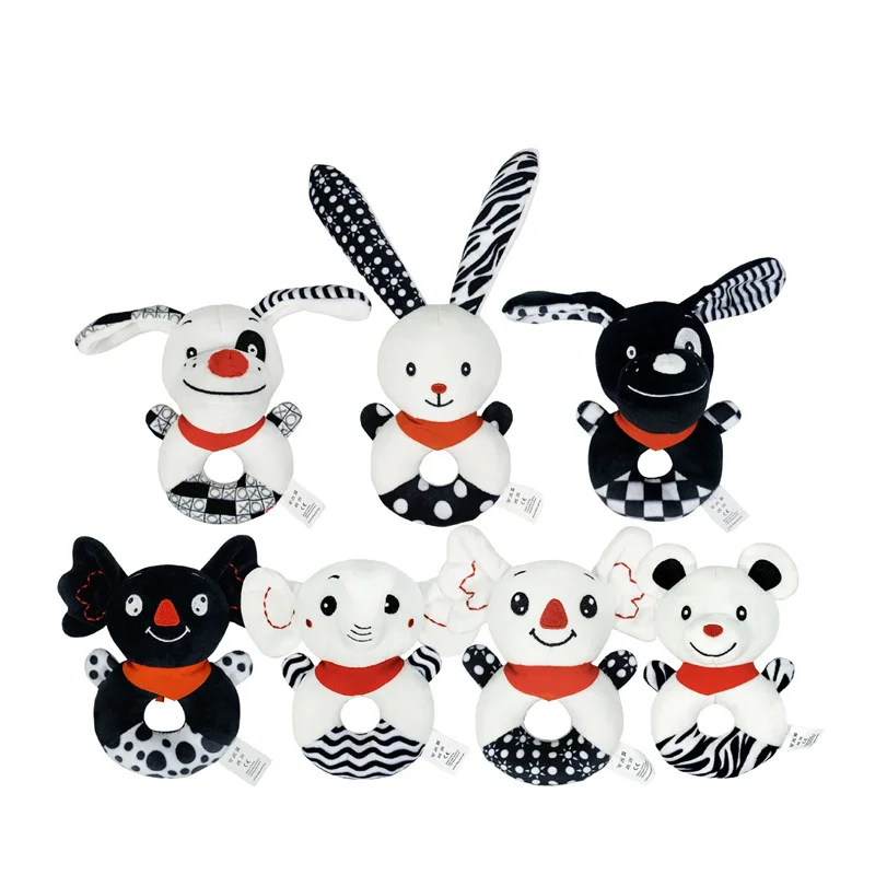 

Baby Animal Handbell Rattles High Contras Visual Stimulation Black White Child Educational Toddler Comfort Soft Plush Rattles To