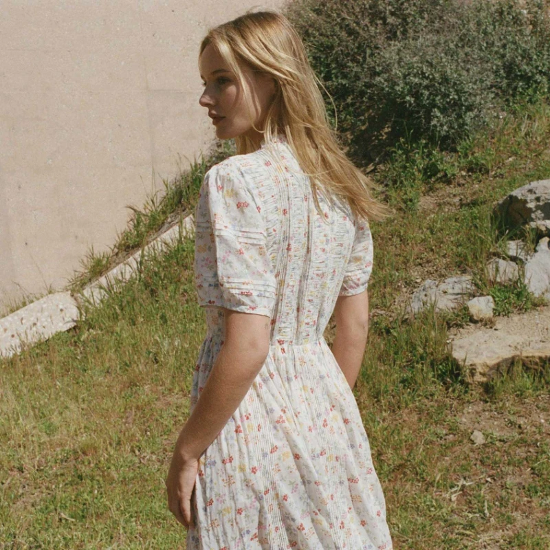 

2023 Spring and Summer New Retro Floral Long Dress Front Button Puff Sleeve Dress Women