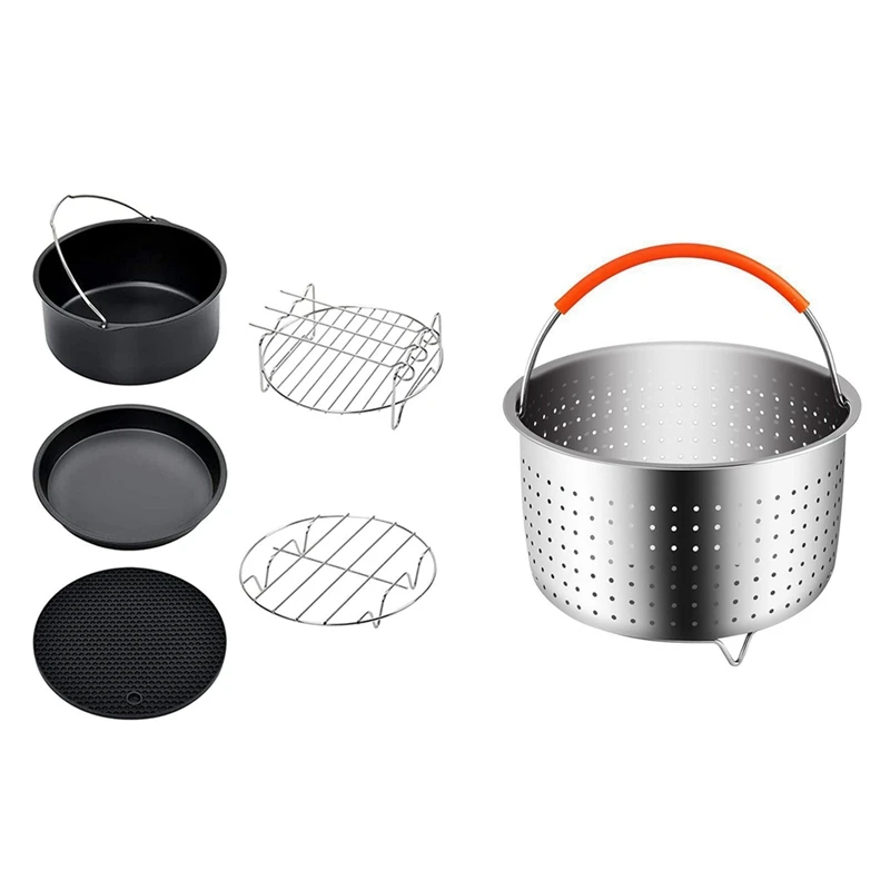 

1set 6Inch Air Fryer Accessories Cake Baking Pan Pizza Pan Grill Rack & 1x Stainless Steel Steamer Basket