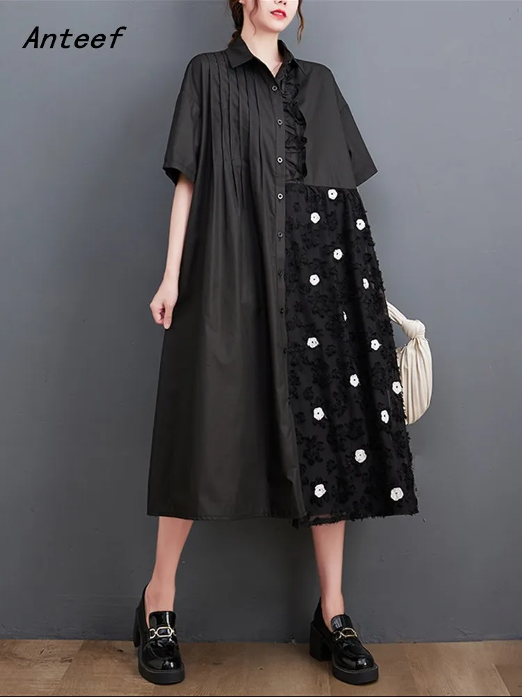 

short sleeve oversized black cotton vintage floral dresses for women casual loose long summer shirt dress elegant clothing 2022