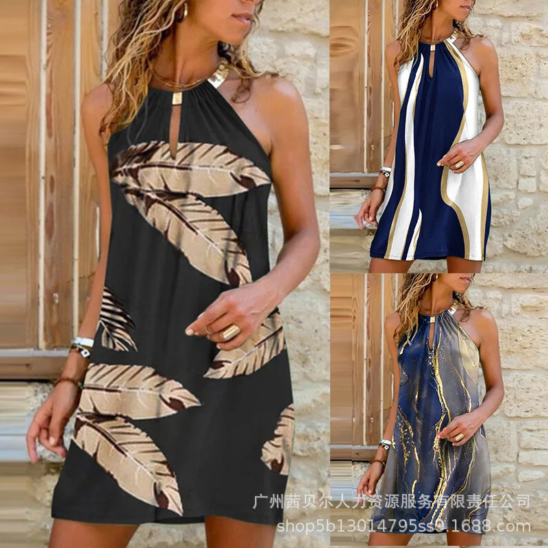 

2022 women's temperament with new summer mid-length metal halterneck print dress