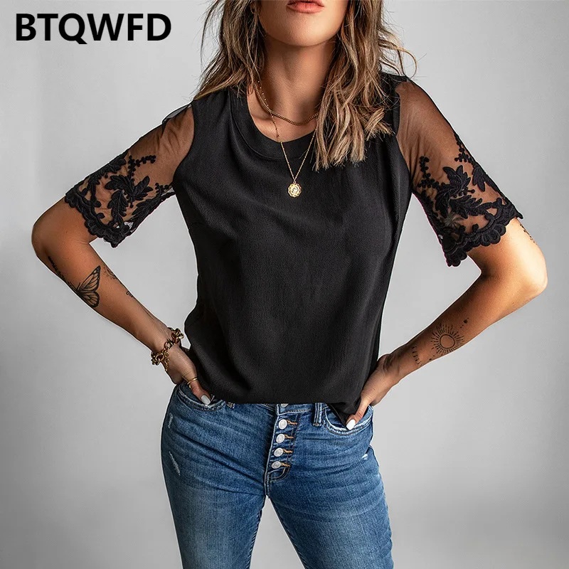 Women Clothes T-shirts Summer Tee 2022 New Short Lace Sleeve Female louse Tank Top O Neck Solid Color Splicing Lady Vest
