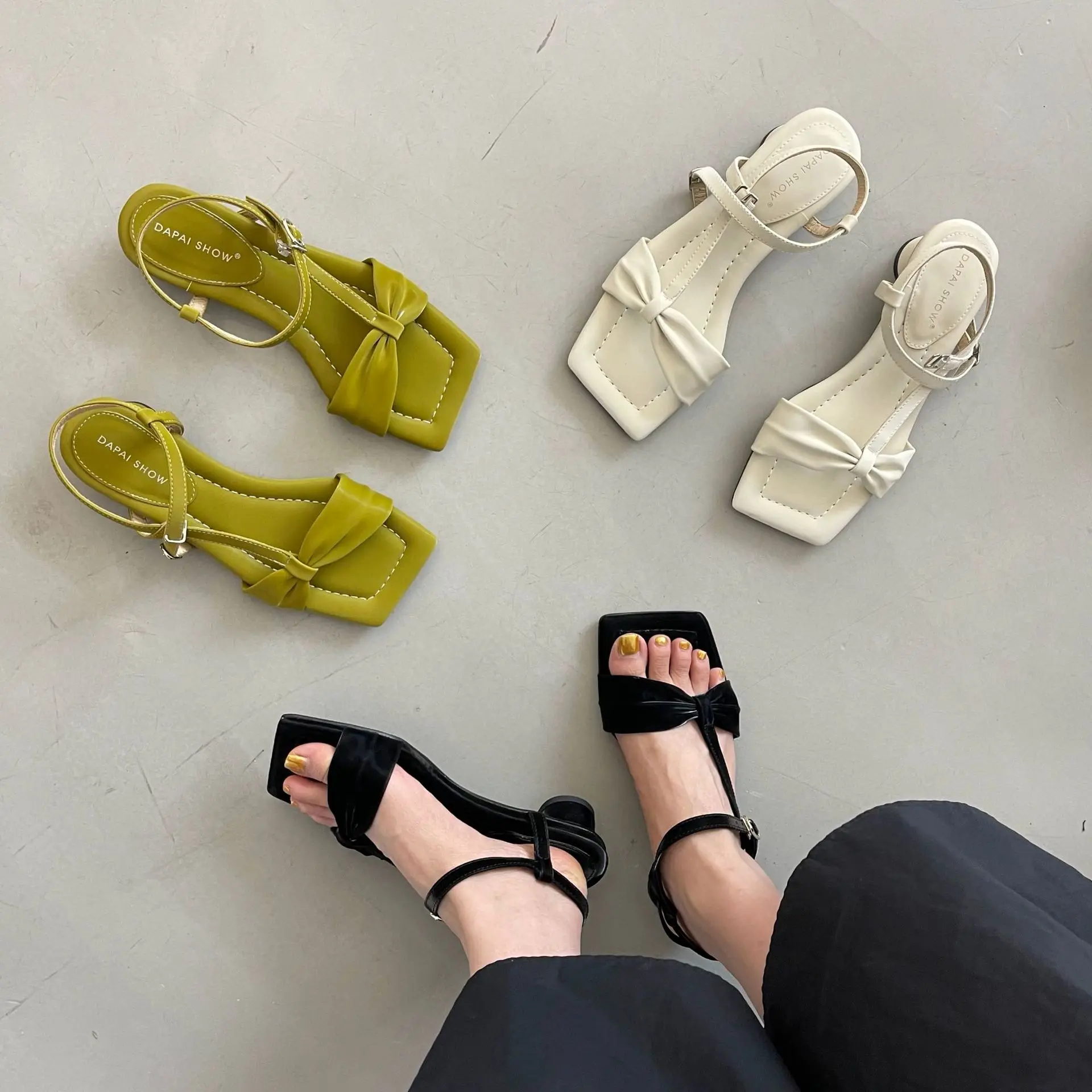 

Туфли женские на низком каблуке, кожа, ТПР, ткань, бант-бабочка, шлепанцы, Копытный каблук, низкие сандалии, L