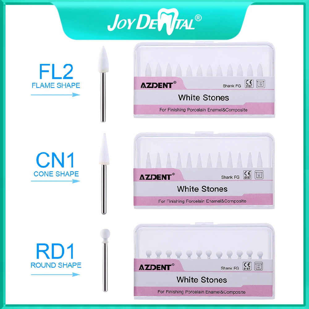 Joydental 12pcs/pack Dental Flame Cone Round White Stone Polisher FG Burs for Polishing Dental Clinic Metal Resin Porcelain