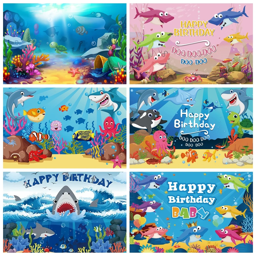 

Baby Shower Shark Backdrop Bluey Underwater World Seabed Fish Coral Kids Birthday Party Decor Photo Background Photography Props