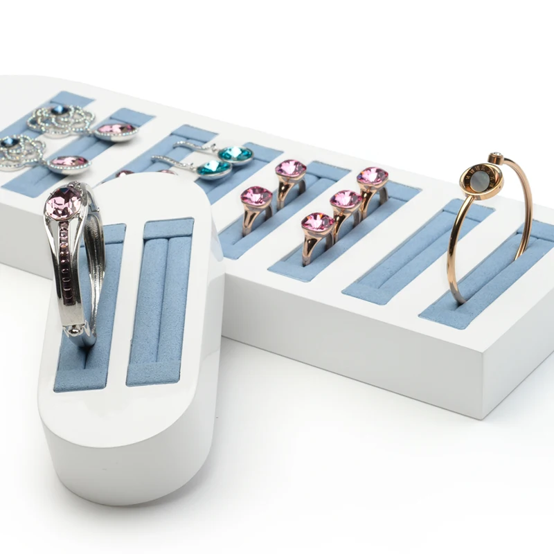 Oirlv Jewelry Organizer Earrings Wooden Ring Holder Earring Display Blue Micro Fibers Jewelry Storage White Wooden Jewelry Stand