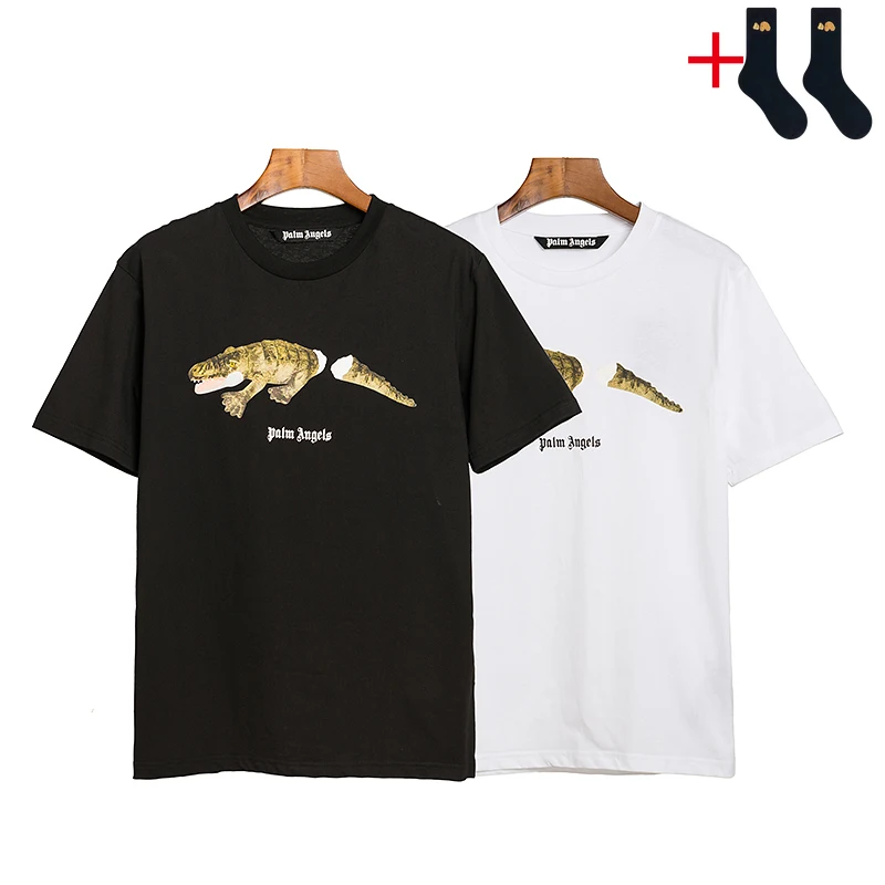 

Palm Angels Men Women Unisex Lovers Couple Crocodile Style Fashion Cotton Casual Short Sleeve T Shirt Boyfriend Gift +send socks