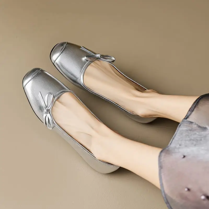 Comfortable Natural Genuine Leather Women Heels Shoes Fashion Butterfly-knot Design Low Heel Shoes Easy To Walk Autumn Shoes