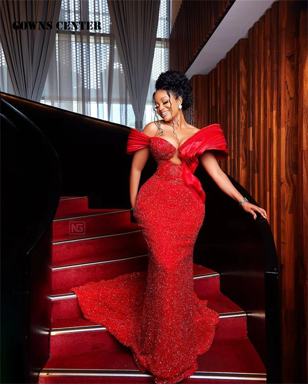 

Rochii Elegant Red Mermaid Aso Ebi Evening Dresses Off The Shoulder Beaded Formal Dresses Luxury African Robes De Soirée